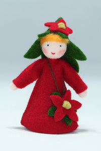 Poinsettia Fairy (miniature standing felt doll, flower hat, with purse)