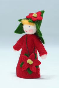 Poinsettia Fairy (miniature standing felt doll, flower hat, with purse)