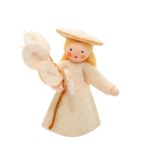 3" Silver Dollar Fairy (miniature standing felt doll, holding fruit)