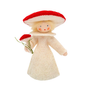 3" Fly Agaric Fairy (miniature standing felt doll, holding fruit)