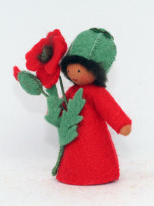 Red Poppy Prince (miniature standing felt doll, holding flower)