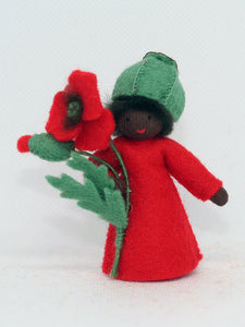 Red Poppy Prince (miniature standing felt doll, holding flower)