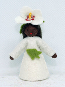 Hibiscus Fairy (miniature standing felt doll, flower hat, white)