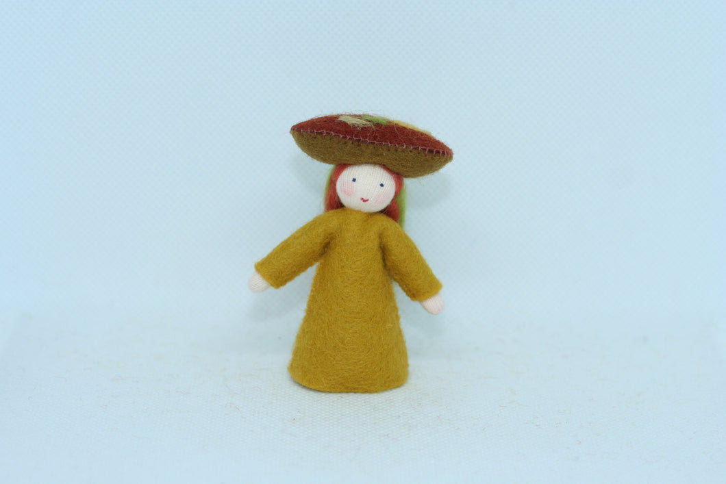 Mushroom Fairy (miniature standing felt doll, orange mushroom cap)