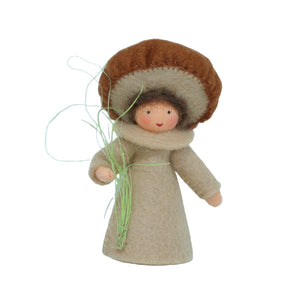 Mushroom Fairy (miniature standing felt doll, brown mushroom cap)