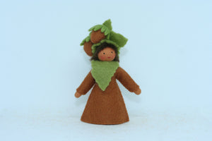 Hazelnut Fairy (miniature standing felt doll, holding fruit)