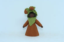 Hazelnut Fairy (miniature standing felt doll, holding fruit)