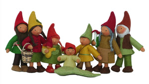 Forest Gnome Family with Oak Tree Stump House (set of seven miniature bendable felt dolls)