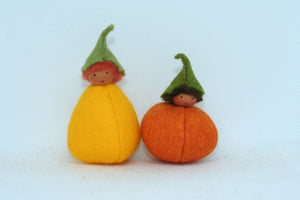 Pumpkin Pixies (miniature wrapped felt dolls)