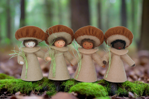 3" Mushroom Fairy (miniature standing felt doll, brown mushroom cap)