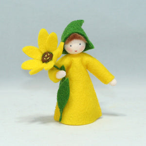 Cape Marigold Fairy (3" miniature standing felt doll, holding flower)