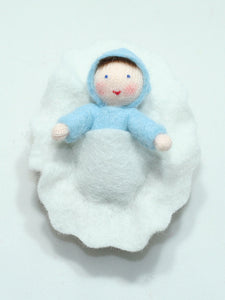 Handmade Baby Doll in Walnut Manger by Ambrosius – Eco-Friendly Wool Felt Waldorf Toy from Eco Flower Fairies LLC