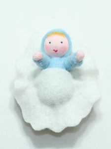 Handmade Baby Doll in Walnut Manger by Ambrosius – Eco-Friendly Wool Felt Waldorf Toy from Eco Flower Fairies LLC