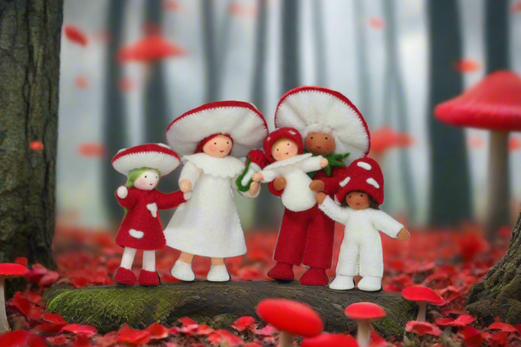 Handmade Fly Agaric Mushroom Pixie Doll Set by Ambrosius – Eco-Friendly Wool Felt Waldorf Toy from Eco Flower Fairies LLC