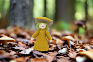 Mushroom World - Chanterelle Mushroom Fairy Doll – 2.5" Handmade Felt Waldorf Decoration by Ambrosius