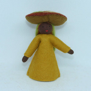 Handmade Jack-o'-Lantern Mushroom Fairy Doll by Ambrosius – Eco-Friendly Wool Felt Waldorf Toy from Eco Flower Fairies LLC