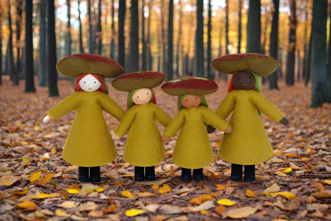 Handmade Jack-o'-Lantern Mushroom Fairy Doll by Ambrosius – Eco-Friendly Wool Felt Waldorf Toy from Eco Flower Fairies LLC