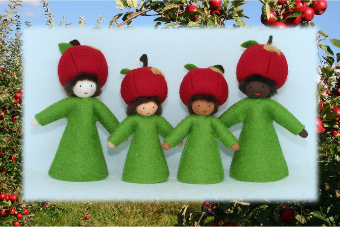 Apple Fairy (miniature standing felt doll, fruit hat) - Eco Flower Fairies LLC - Waldorf Doll Shop - Handmade by Ambrosius