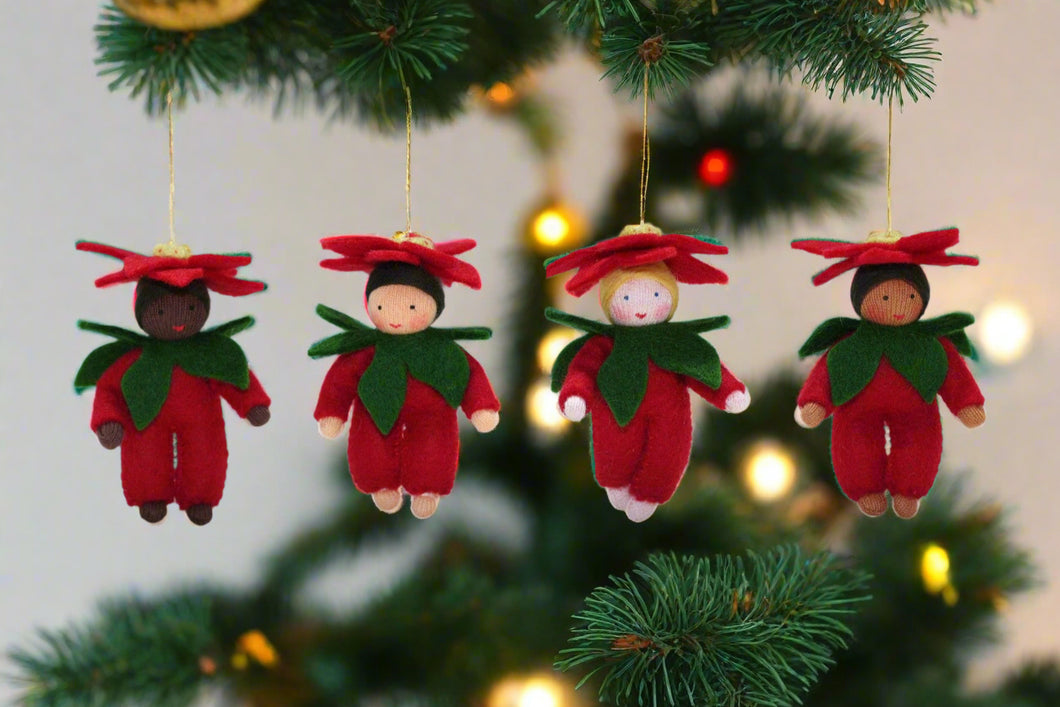 Handmade Poinsettia Baby Doll by Ambrosius – Eco-Friendly Wool Felt Waldorf Toy from Eco Flower Fairies LLC