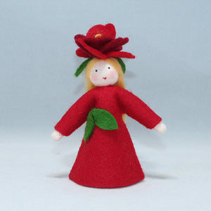 Rose Fairy (3.5" miniature standing felt doll, flower hat, red)
