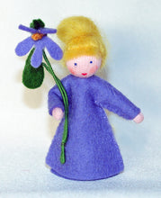 Sweet Violet Fairy (miniature standing felt doll, leaf hat, holding flower)