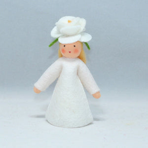 Rose Fairy (3" miniature standing felt doll, flower hat, white)