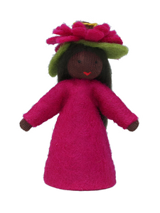 3" Zinnia Fairy (miniature standing felt doll, flower hat)