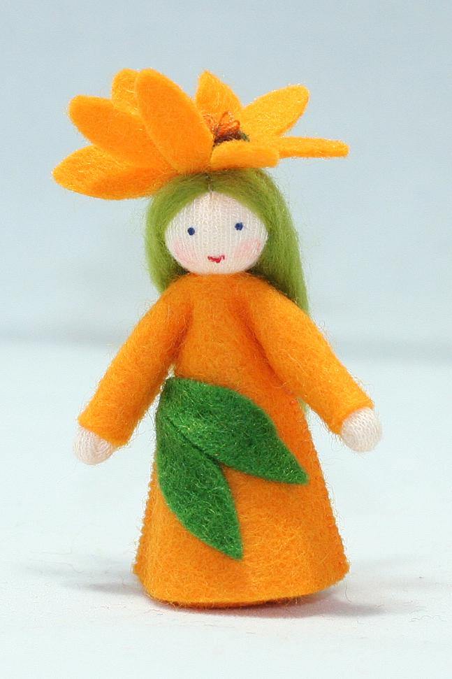 African Daisy Fairy (miniature standing felt doll, flower hat) - Eco Flower Fairies LLC - Waldorf Doll Shop - Handmade by Ambrosius