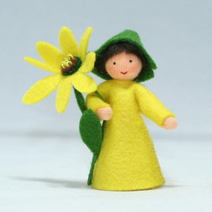 African Daisy Prince (miniature standing felt doll, holding flower) - Eco Flower Fairies LLC - Waldorf Doll Shop - Handmade by Ambrosius