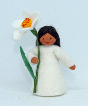 Daffodil Fairy (miniature standing felt doll, holding flower, white)