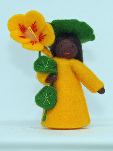 Nasturtium Fairy (miniature standing felt doll, holding flower)