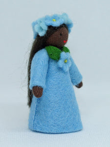 Forget-Me-Not Fairy (miniature standing felt doll, flower hat)