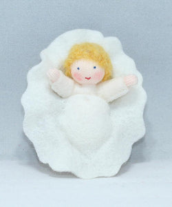 Handmade Baby Doll in Walnut Manger by Ambrosius – Eco-Friendly Wool Felt Waldorf Toy from Eco Flower Fairies LLC