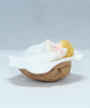 Baby Doll in Walnut Manger – 2" Handmade Felt Waldorf Decoration by Ambrosius