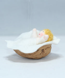Baby Doll in Walnut Manger – 2" Handmade Felt Waldorf Decoration by Ambrosius