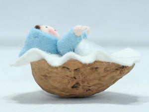 Baby Doll in Walnut Manger – 2" Handmade Felt Waldorf Decoration by Ambrosius