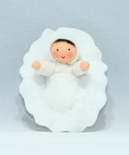 Handmade Baby Doll in Walnut Manger by Ambrosius – Eco-Friendly Wool Felt Waldorf Toy from Eco Flower Fairies LLC