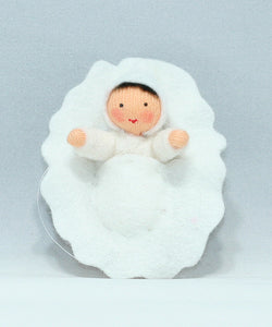 Handmade Baby Doll in Walnut Manger by Ambrosius – Eco-Friendly Wool Felt Waldorf Toy from Eco Flower Fairies LLC