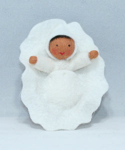 Handmade Baby Doll in Walnut Manger by Ambrosius – Eco-Friendly Wool Felt Waldorf Toy from Eco Flower Fairies LLC
