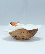 Baby Doll in Walnut Manger – 2" Handmade Felt Waldorf Decoration by Ambrosius