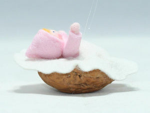Baby Doll in Walnut Manger – 2" Handmade Felt Waldorf Decoration by Ambrosius