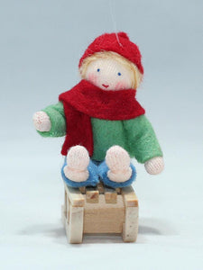Handmade Kid Doll on Sleigh by Ambrosius – Eco-Friendly Wool Felt Waldorf Toy from Eco Flower Fairies LLC