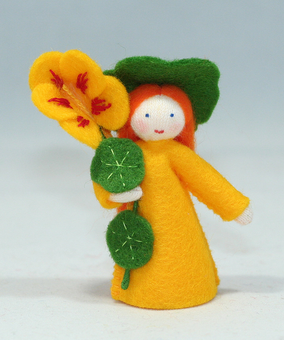 Nasturtium Fairy (miniature standing felt doll, holding flower)