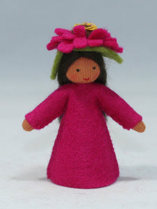 3" Zinnia Fairy (miniature standing felt doll, flower hat)